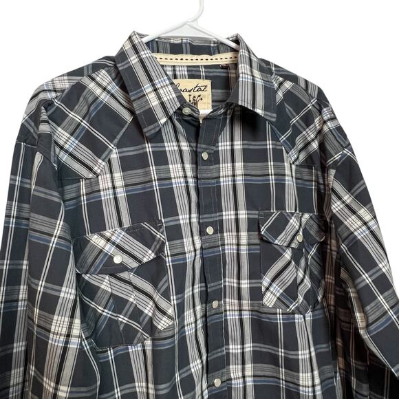 Coastal XXL Western Pearl Snap Plaid Shirt Blue Gray Long Sleeve Cotton Blend - Picture 2 of 10